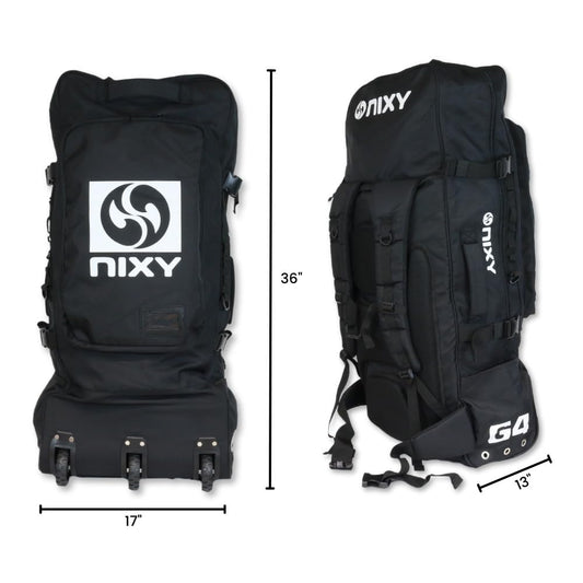 Black sup backpack with NIXY branding and measurements on a white background