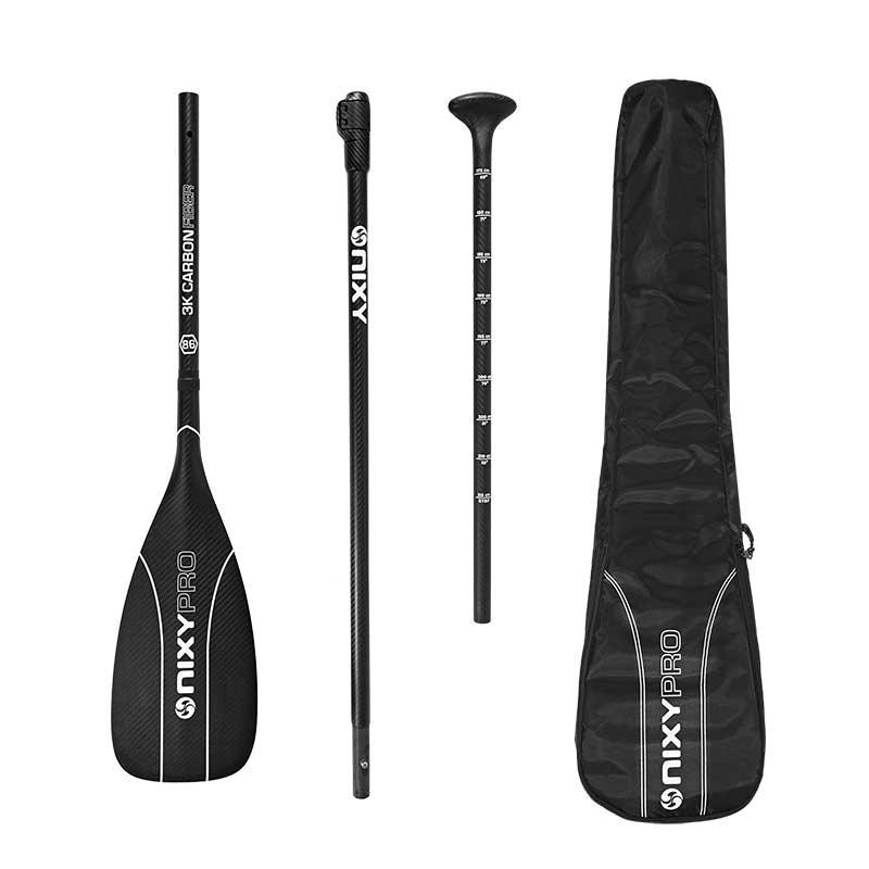 NIXY 3-Piece Adjustable 100% 3K Carbon Fiber SUP Pro Paddle broken down into three sections