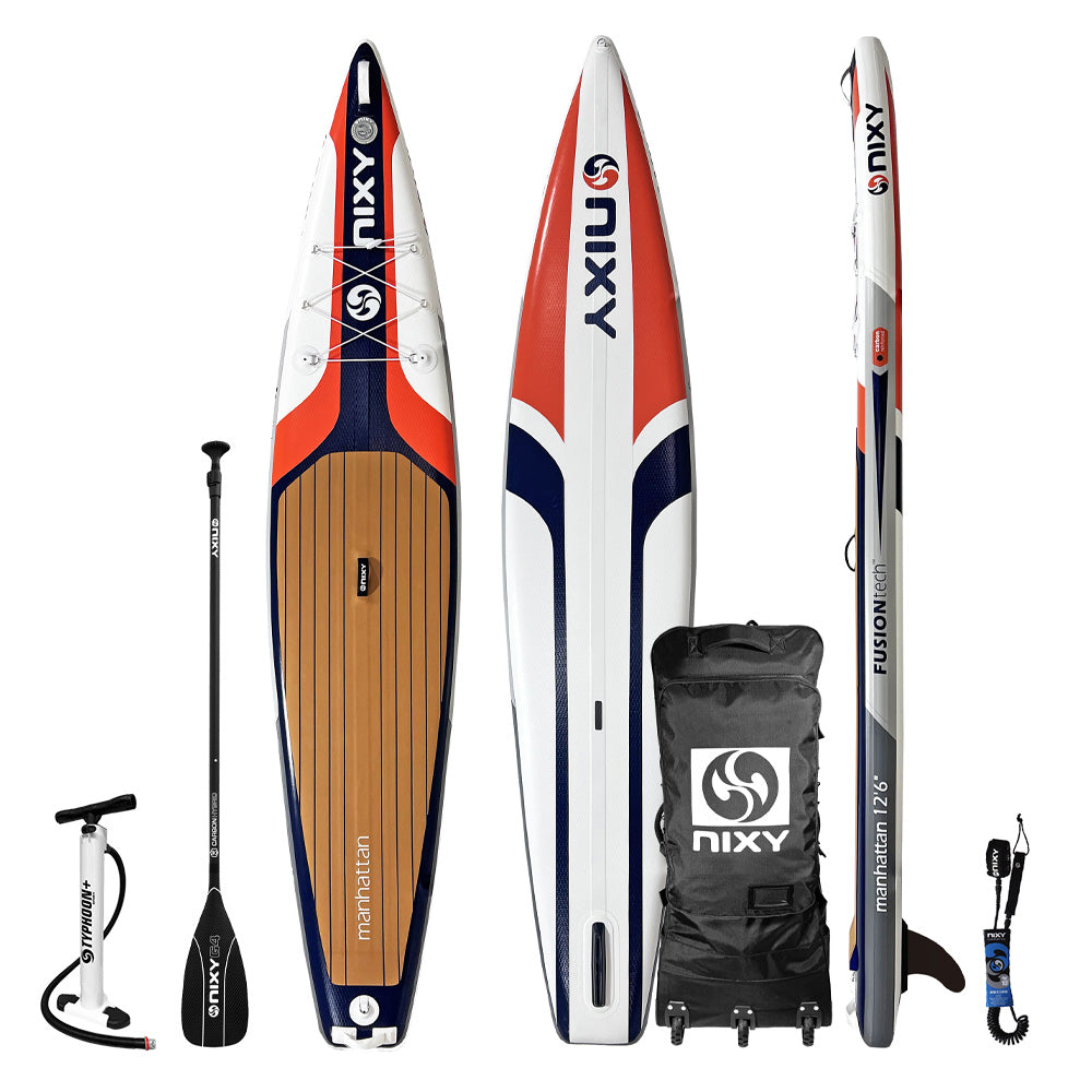 NIXY Manhattan G5 12'6" performance touring inflatable paddleboard with accessories on a white background