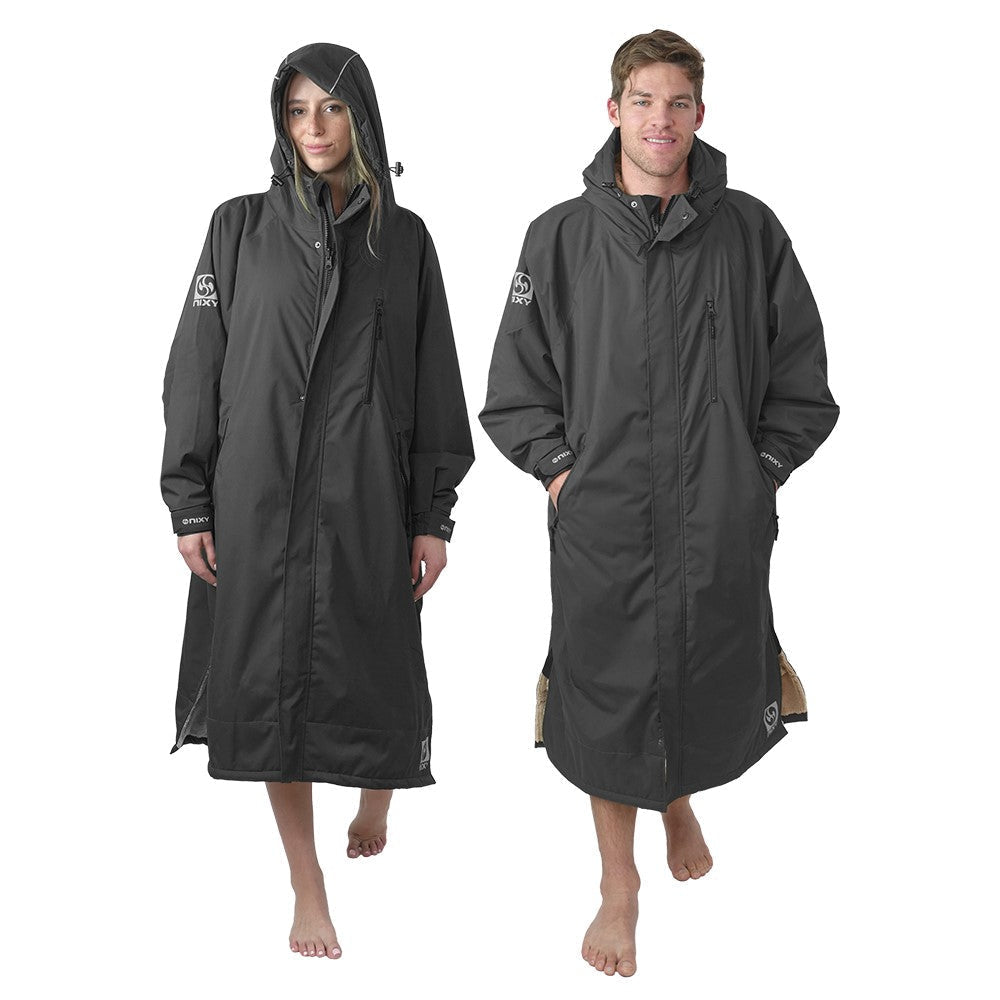 NIXY Adventure Changing Parka, black waterproof hooded robe for surfers, swimmers, and cold-water sports