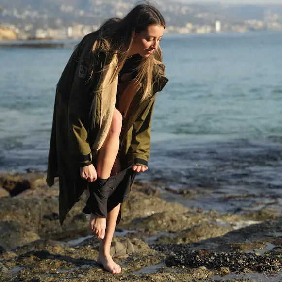NIXY Changing Parka being used so a women can change in privacy at the beach