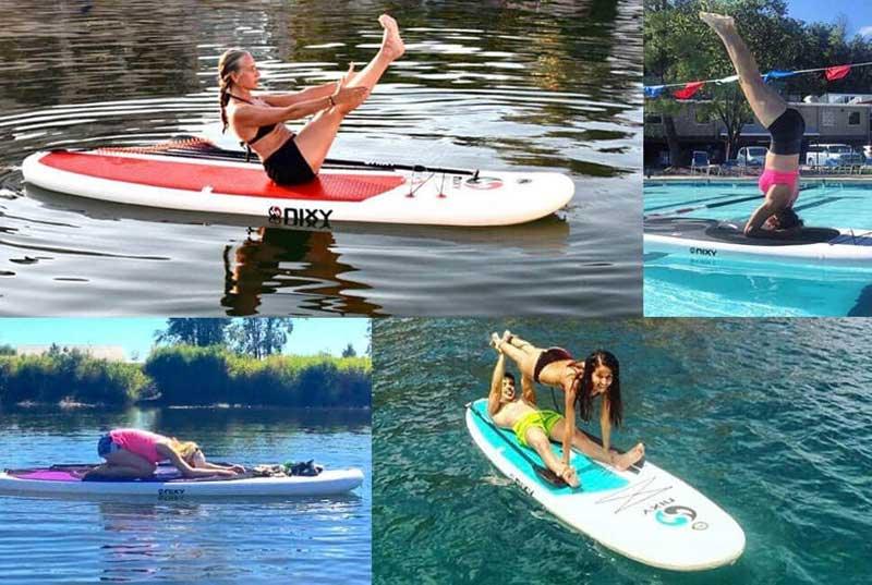 Yoga poses being performed on NIXY inflatable paddleboards on the water