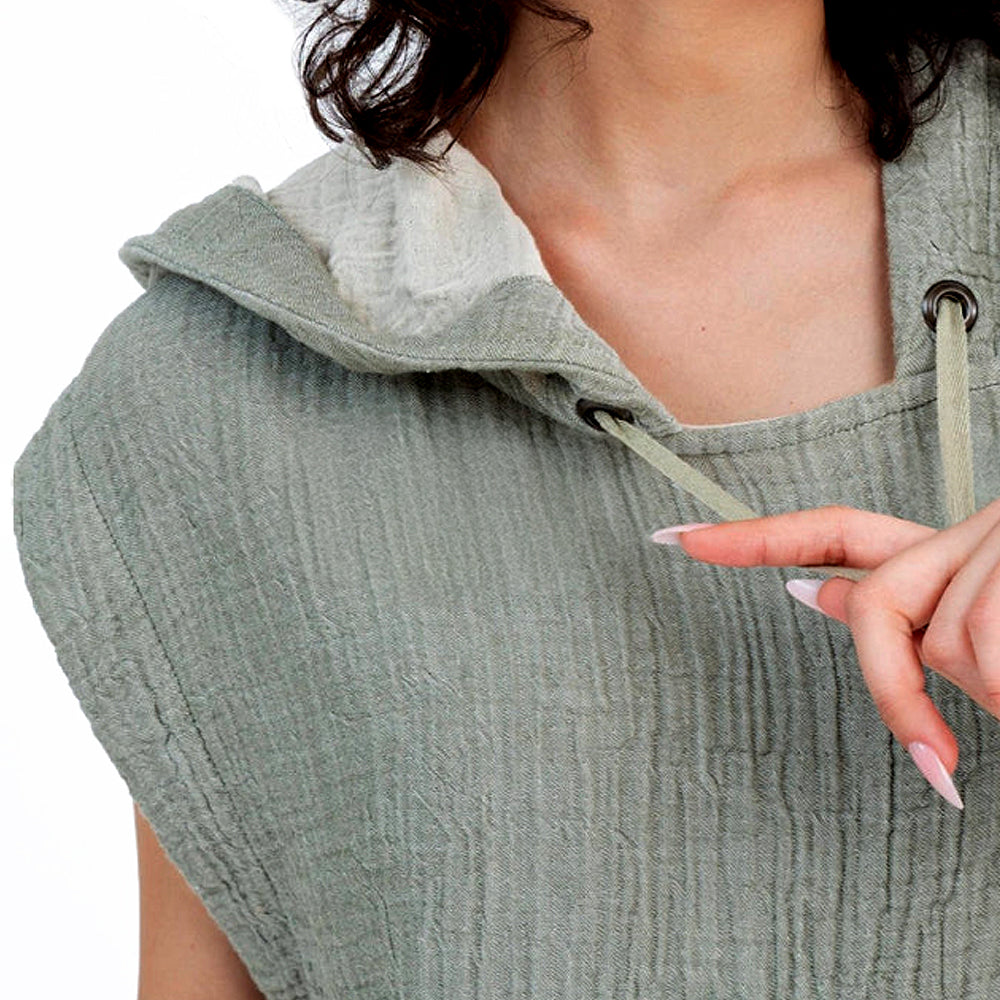 NIXY Flow Adults Turkish Cotton Poncho, hooded olive combed-cotton poncho worn after the water