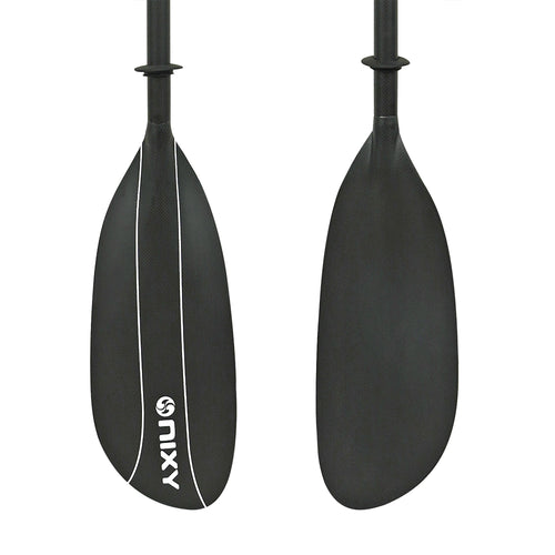 Carbon fiber kayak paddle blade front and back with NIXY logo on a white background
