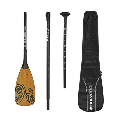 NIXY 3-Piece Adjustable 100% Carbon Fiber SUP Pro Paddle with Bamboo blade bundle with carry bag, 86 sq in small blade size, lightweight paddleboard paddle for SUP and kayaking