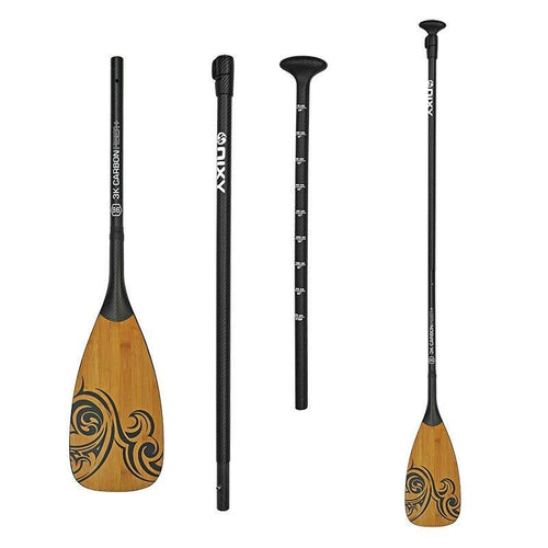 NIXY 3-Piece Adjustable Carbon Fiber SUP Pro Paddle with Bamboo blade close-up, 86 sq in small blade size, lightweight paddleboard paddle for SUP and kayaking