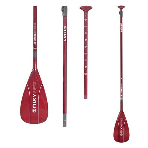 NIXY 3-Piece Adjustable 100% 3K Carbon Fiber SUP Pro Paddle in Red showing 3 pieces broken down with blade, middle shaft, T-grip handle and fully assembled paddle, 94 square inch large blade size, lightweight high performance paddle for paddleboarding, SUP and kayaking