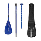 NIXY 3-Piece Adjustable 100% 3K Carbon Fiber SUP Pro Paddle complete set in Blue showing blade, middle shaft, T-grip handle and carry bag with 94 square inch large blade size, lightweight high performance paddle for paddleboarding, SUP and kayaking