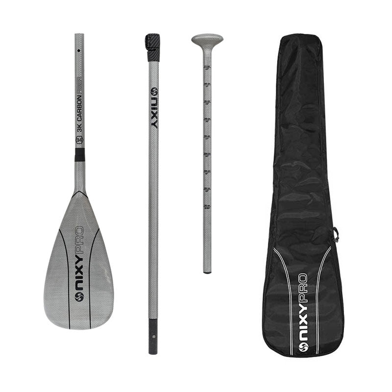 NIXY 3-Piece Adjustable 100% 3K Carbon Fiber SUP Pro Paddle complete set in Silver showing blade, middle shaft, T-grip handle and carry bag with 94 square inch large blade size, lightweight high performance paddle for paddleboarding, SUP and kayaking