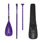 NIXY 3-Piece Adjustable 100% 3K Carbon Fiber SUP Pro Paddle complete set in Purple showing blade, middle shaft, T-grip handle and carry bag with 94 square inch large blade size, lightweight high performance paddle for paddleboarding, SUP and kayaking