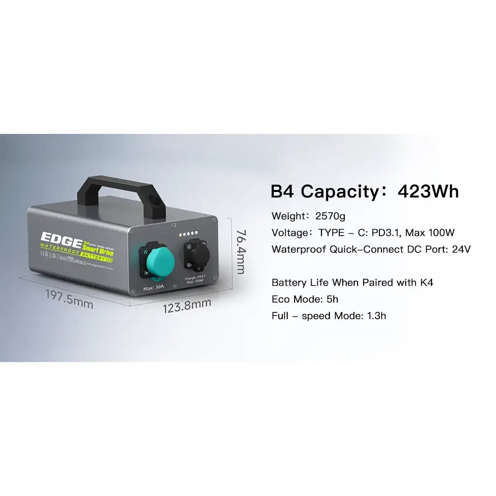 B4 Battery pack for K4 Electric SUP Motor with specifications on a white background