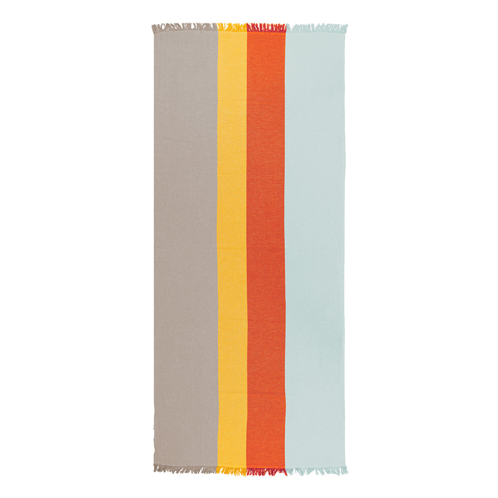 Striped Turkish cotton beach towel with red, yellow, and gray stripes on a white background