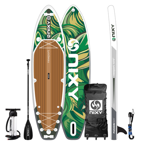 NIXY Newport G5 inflatable paddle board in Maui green tropical print with carbon paddle, pump, backpack and leash