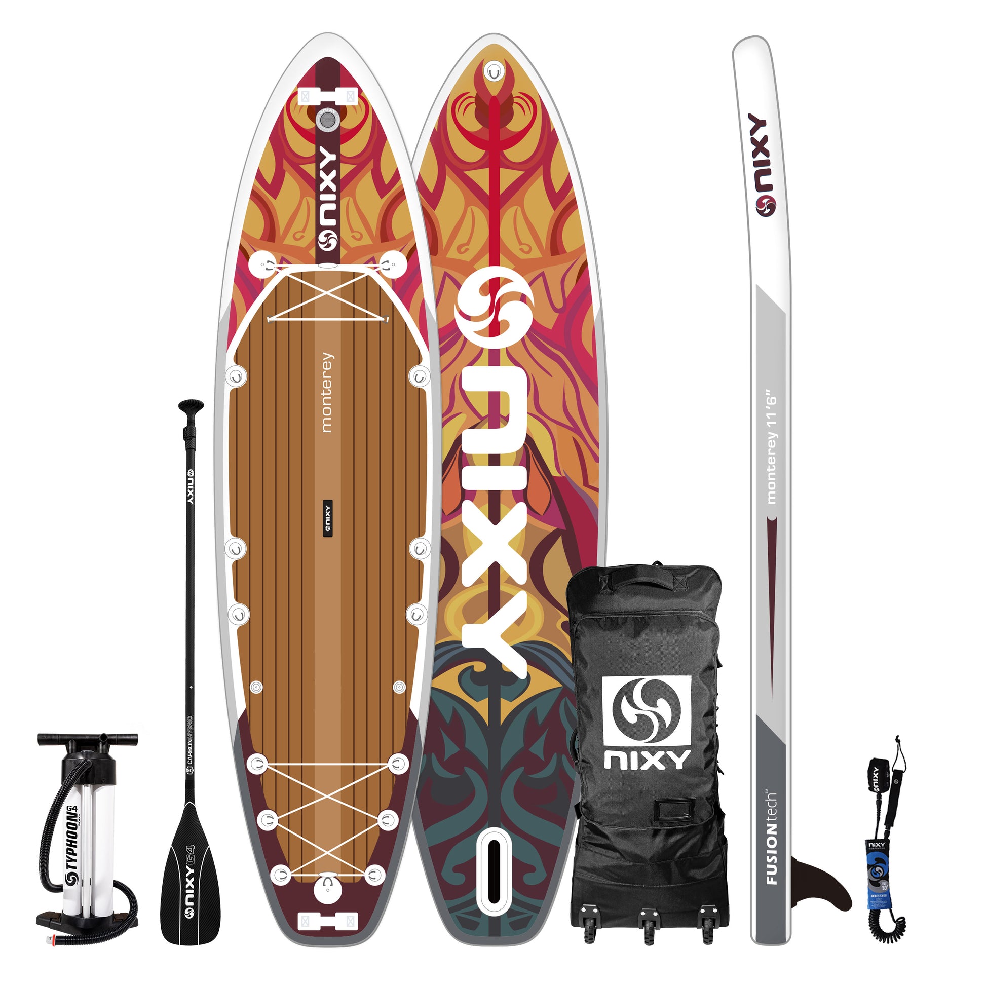 NIXY inflatable stand-up paddleboard with accessories on a white background