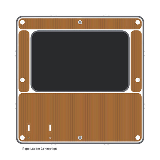 A floating deck and hammock product with a rope ladder connection, predominantly in brown and black colors.