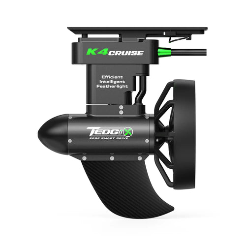 Black electric outboard motor with 'K4 Cruise' and 'TEDGIX' branding on a white background