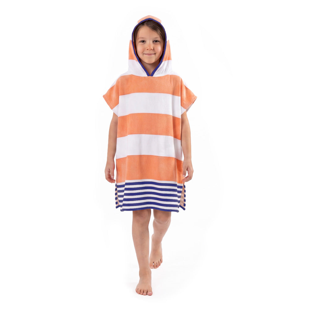 Child wearing the Landon Kids Turkish Cotton Poncho in orange and white stripes with blue accents on a white background