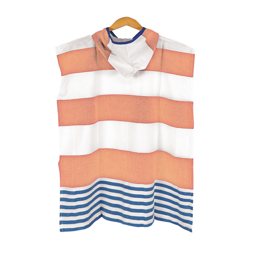 Landon Kids Turkish Cotton Poncho with orange, white, and blue striped pattern on a hanger against a white background