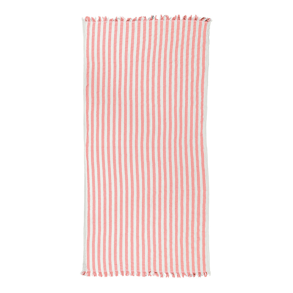NIXY Melody rectangular striped Turkish cotton beach towel with fringed edges, featuring vertical stripes in a muted coral pink and white.