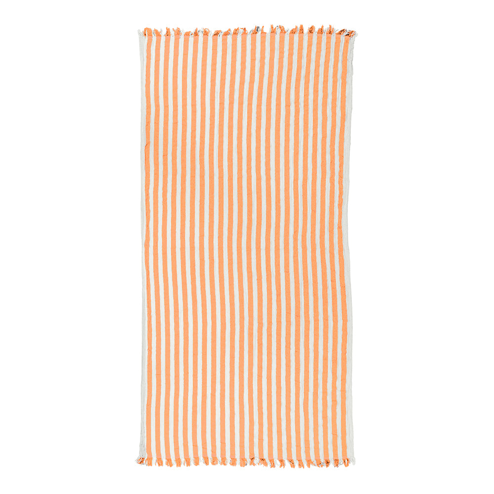 NIXY Melody (Orange) Recycled Turkish cotton rectangular woven beach towel with vertical orange and white stripes and fringed edges, shown flat against a plain white background.