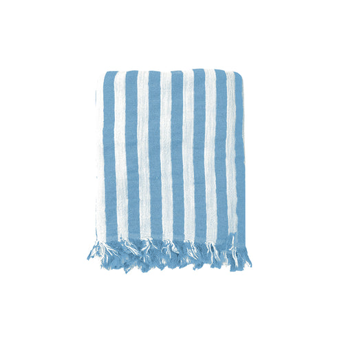 Blue and white striped Melody recycled Turkish cotton beach towel on a white background
