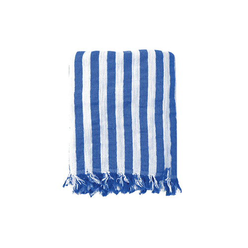 Navy and white striped Melody recycled Turkish cotton beach towel on a white background