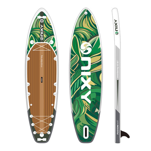 NIXY Monterey G5 inflatable touring SUP in Maui green tropical print, top deck and side profile