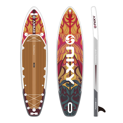 Monterey G5 inflatable touring SUP in Tulum tribal pattern, 11'6" board front and side profile