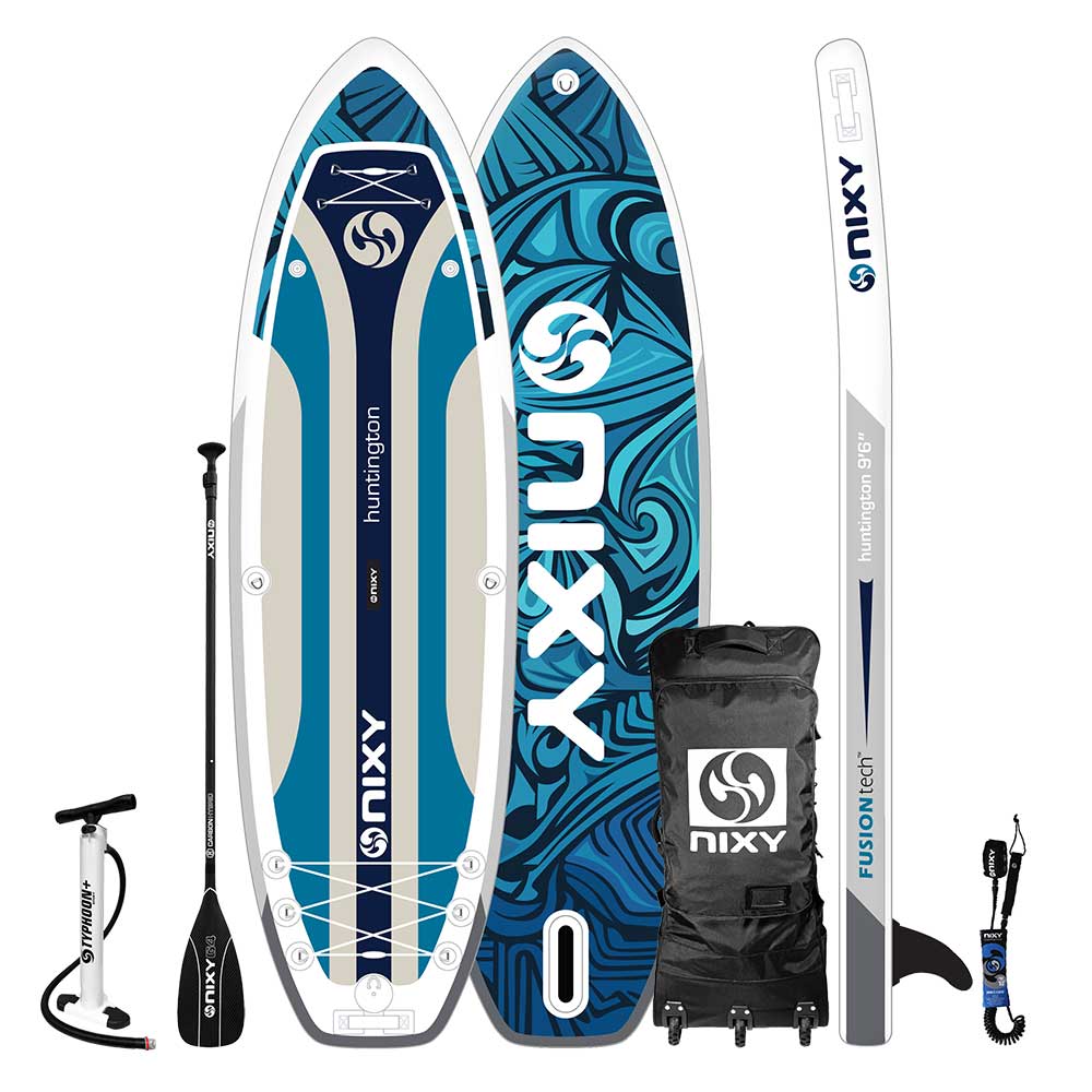 Nixy Huntington G5 Blue 9'6" inflatable stand-up paddleboard with accessories on a white background