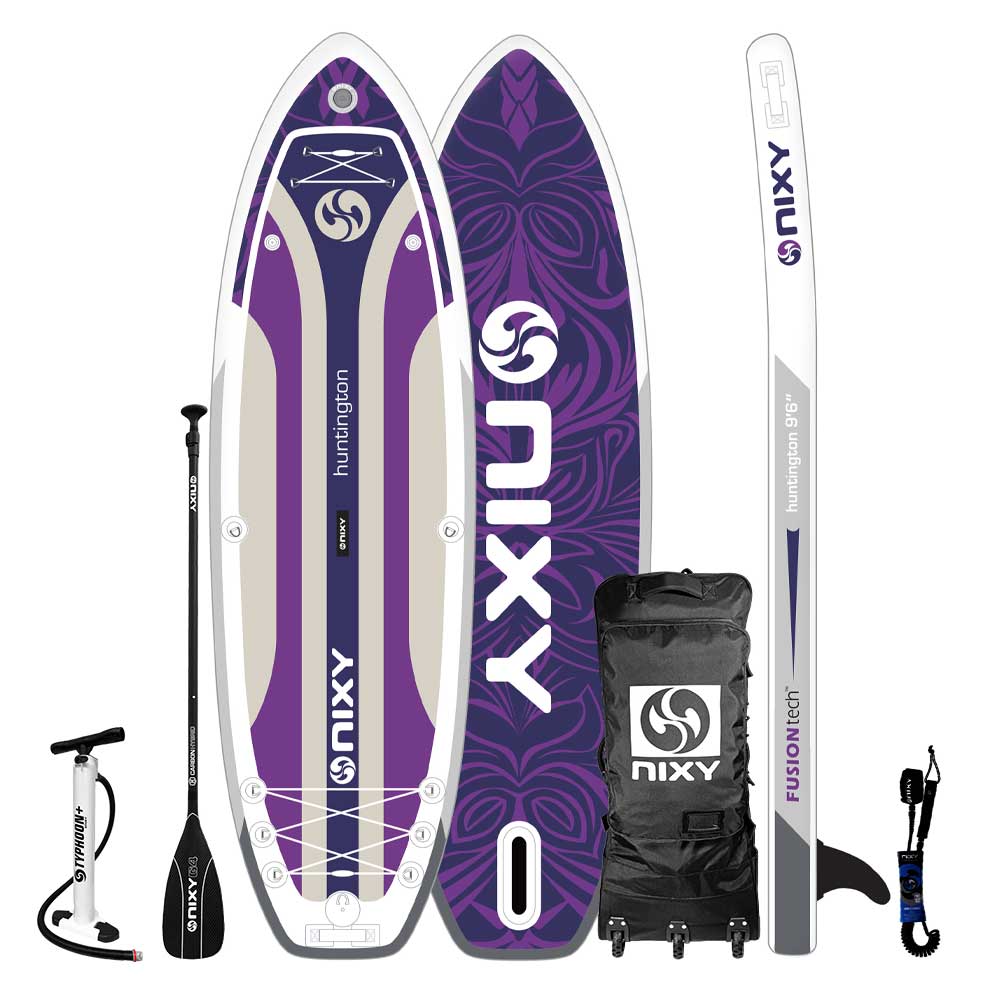 Nixy Huntington G5 Purple 9'6" inflatable stand-up paddleboard with accessories on a white background