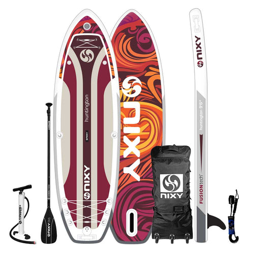 Nixy Huntington G5 Red 9'6" inflatable stand-up paddleboard with accessories on a white background
