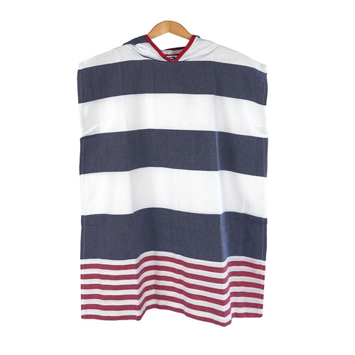 Navy and white striped kid's Turkish cotton changing poncho with red accents on a hanger against a white background