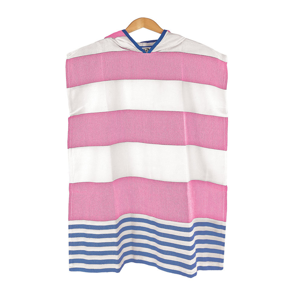 Pink and white striped kids' Turkish cotton changing poncho with blue accents on a hanger against a white background