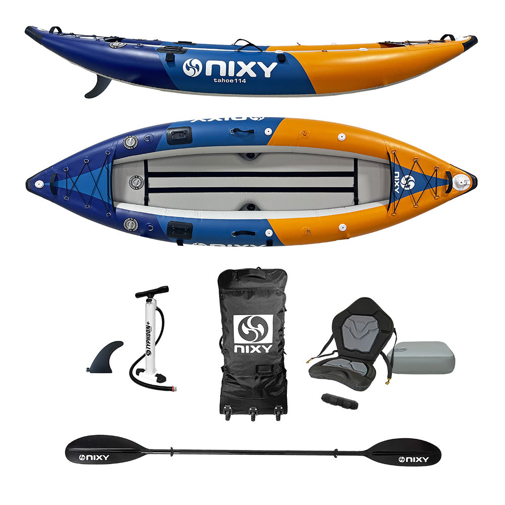 Nixy Tahoe 114 inflatable kayak for one person shown in a clean flat-lay product layout on a white background, including the board, paddle, pump, bag, seat, seat riser, foot rest, and accessories.