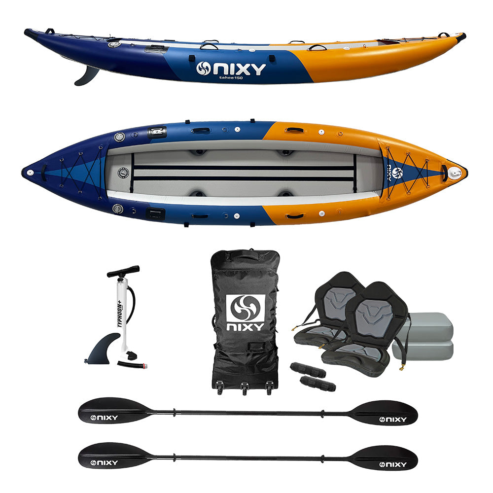 Nixy Tahoe 150 inflatable kayak for two people shown in top and bottom views with included accessories: pump, bag, seat, foot rests, seat risers, and two paddles, on a clean white background.