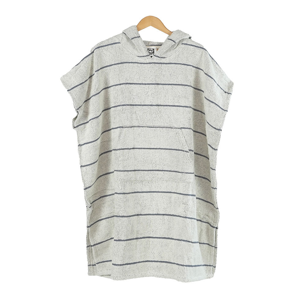 Striped hooded Turkish cotton changing poncho on a wooden hanger against a white background