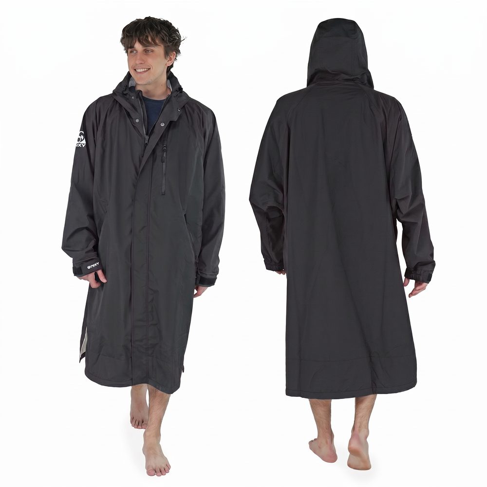 Person wearing a black hooded dryrobe with front and back views on a white background