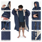 Person wearing a blue dryrobe with various features highlighted on a white background