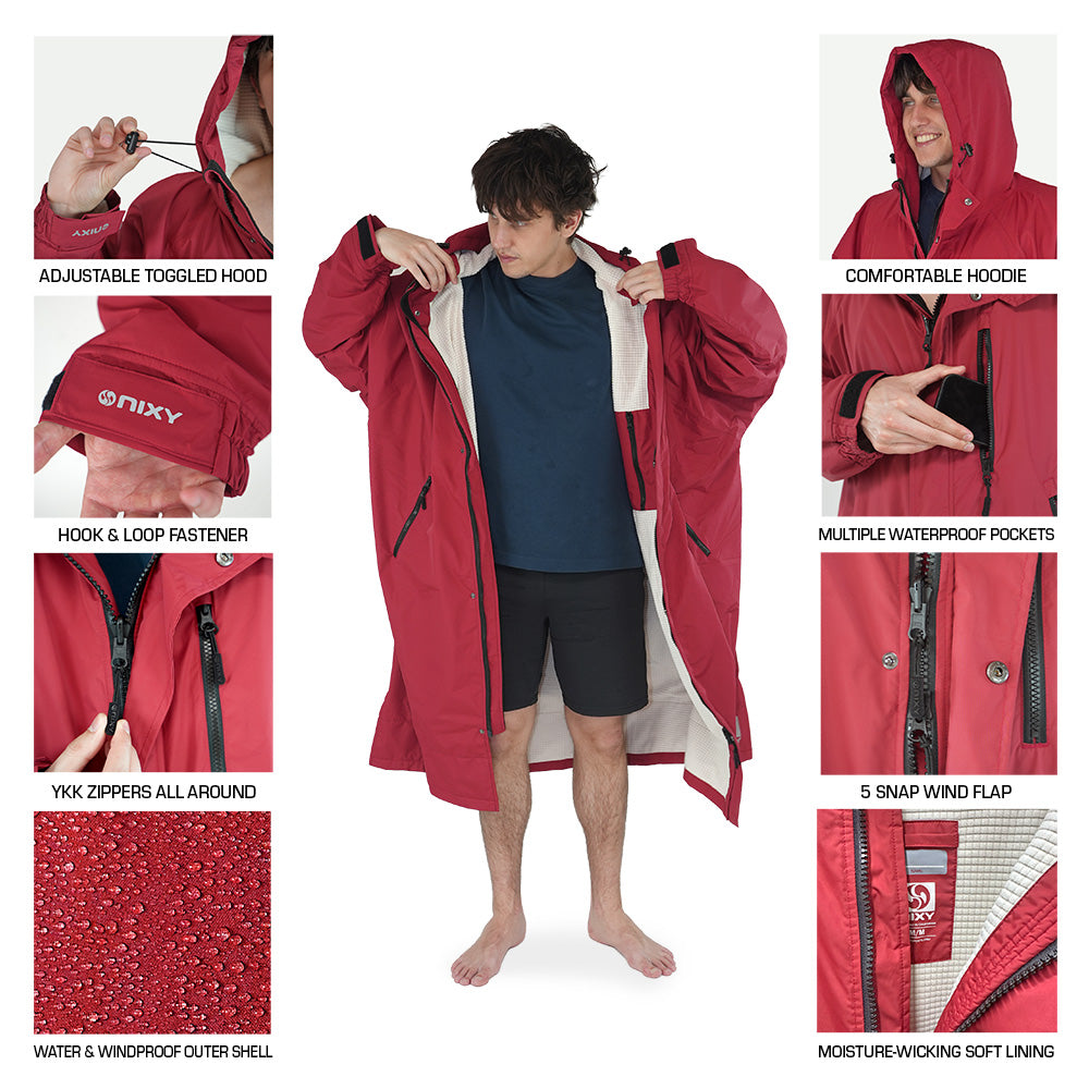 Red dryrobe with various features highlighted on a white background
