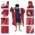 Red dryrobe with various features highlighted on a white background