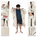Person wearing a white dryrobe with various features highlighted on a white background