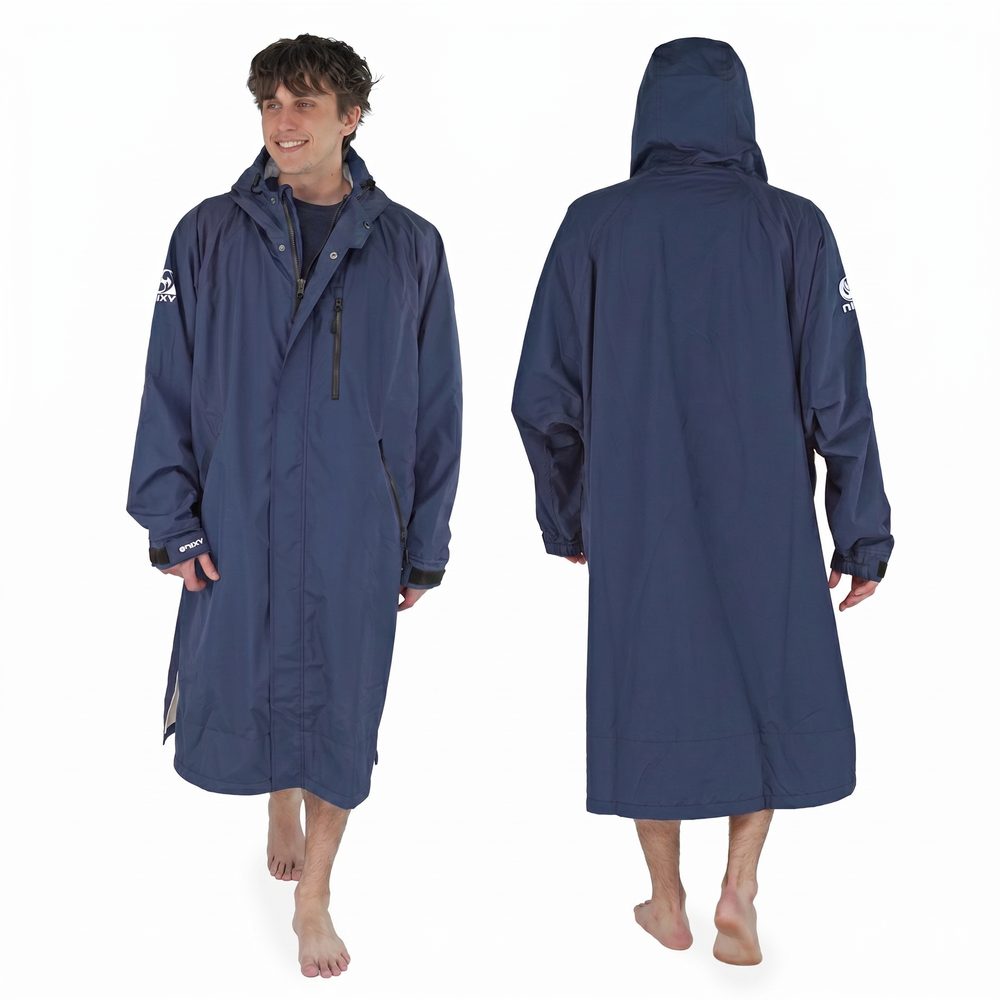 Navy blue hooded dryrobe worn by a person on a white background