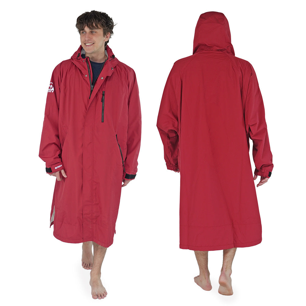 Red dryrobe shown from front and back on a white background