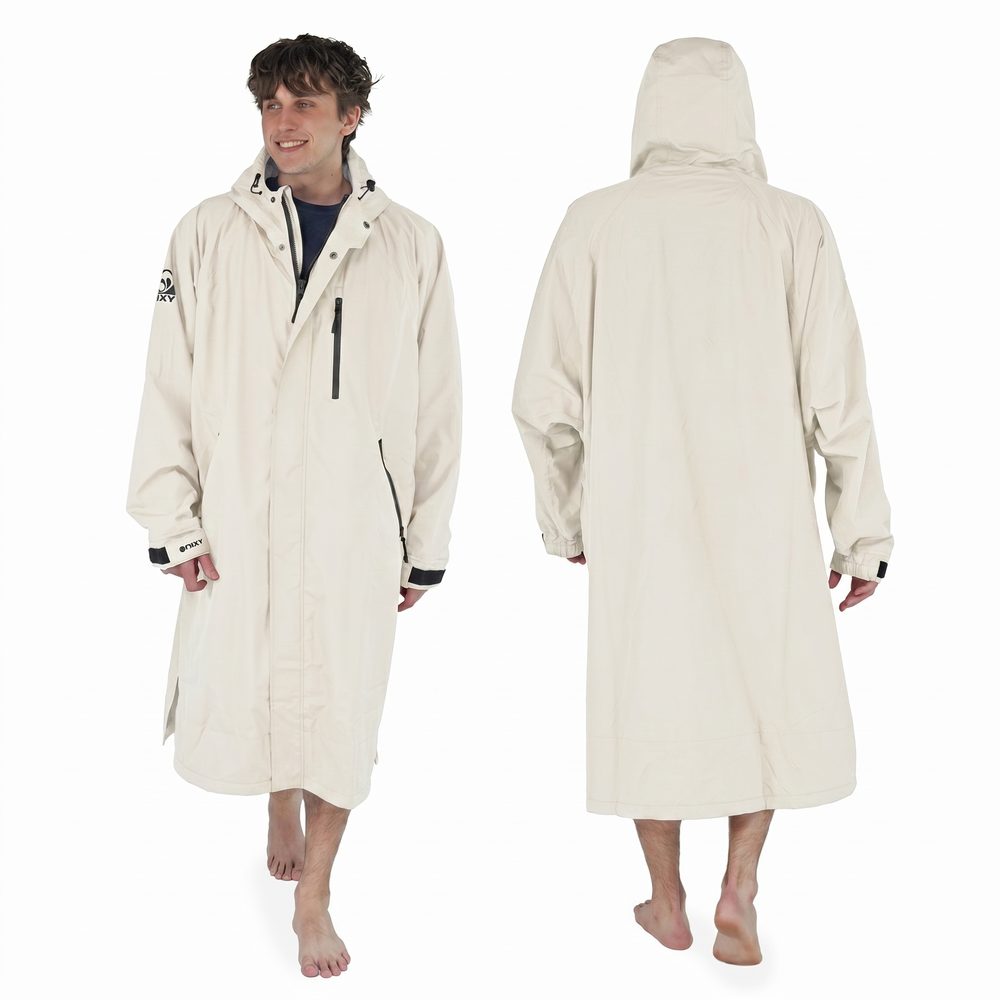 Beige dryrobe worn by a person, shown from front and back on a white background