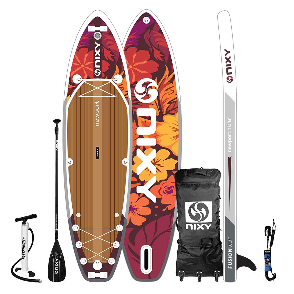 Nixy Newport G5 Baja 10'6" inflatable stand-up paddleboard with accessories on a white background