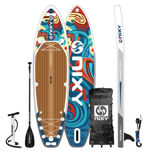 Nixy Newport G5 Ibiza 10'6" inflatable stand-up paddleboard with accessories on a white background