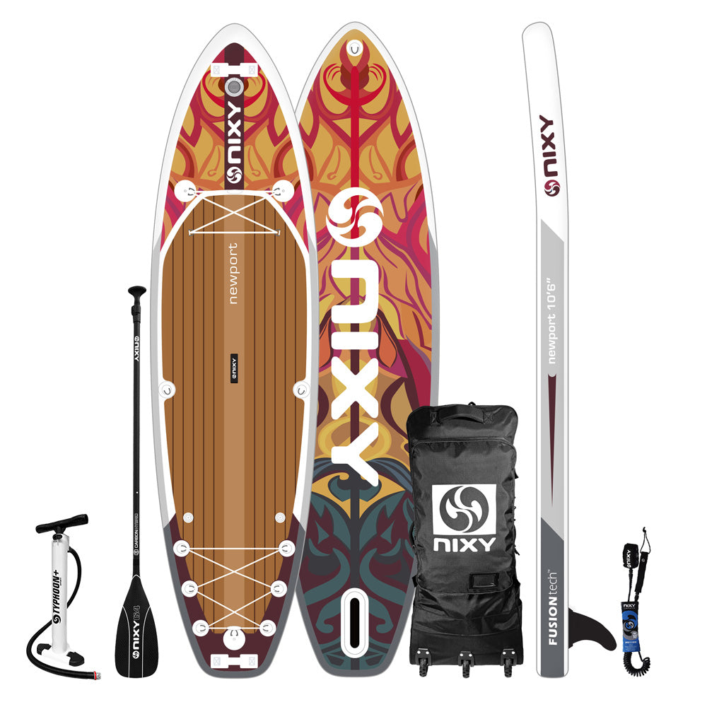 Nixy Newport G5 Tulum 10'6" inflatable stand-up paddleboard with accessories on a white background