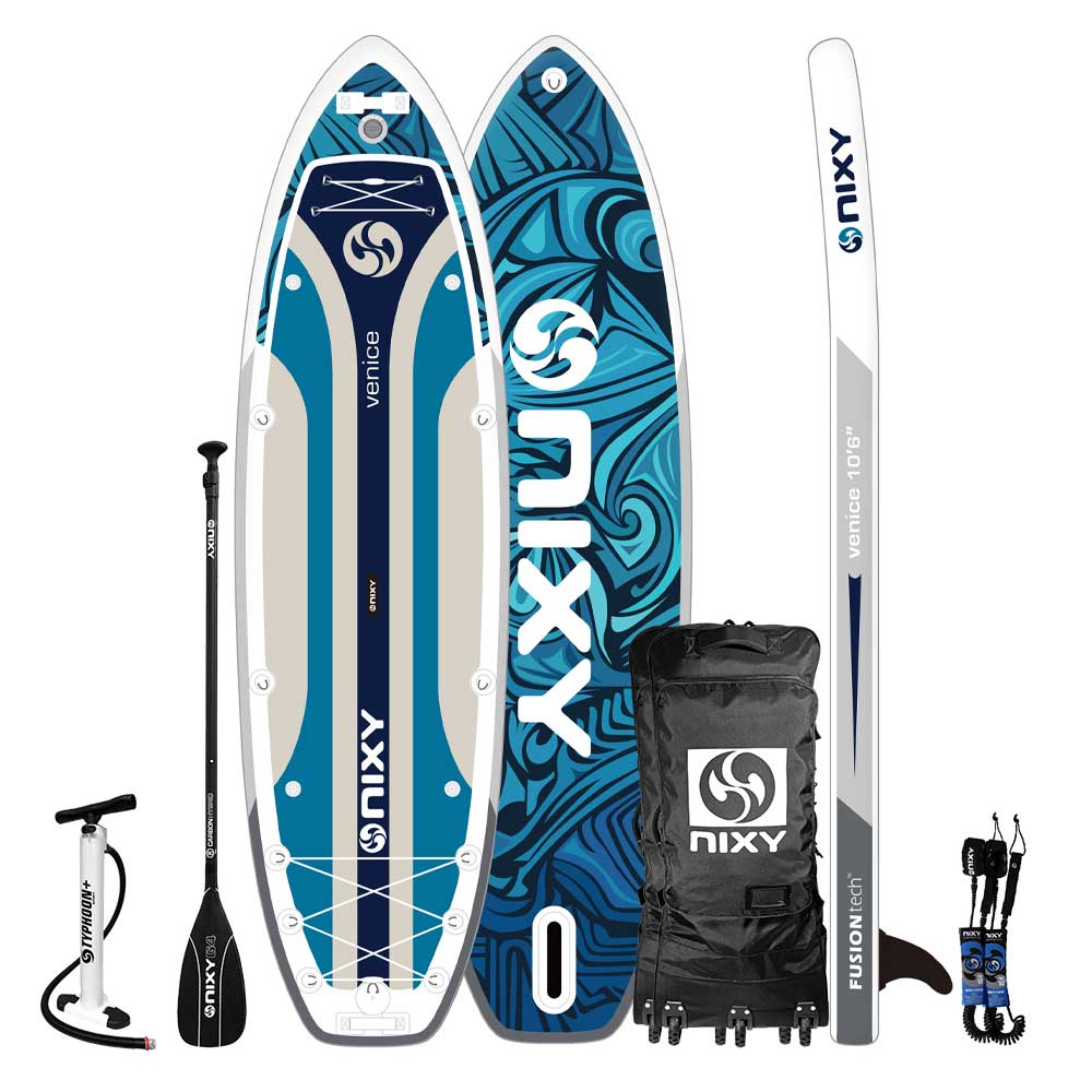 Nixy Venice G5 Blue 10'6" inflatable stand-up paddleboard with accessories on a white background