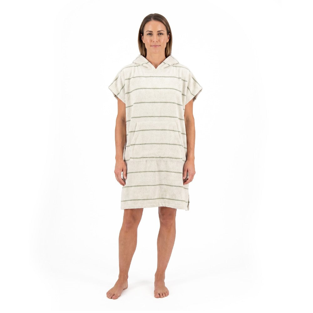 NIXY Adult Turkish Cotton Changing Poncho Towel worn by female model with a white background.