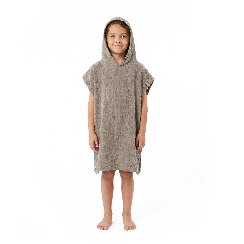 NIXY Kids Cotton Changing Poncho Towel (Olive) worn by model with a white background